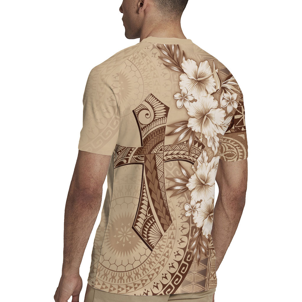 Kia Orana Cook Islands Tapa Floral With Cross Rugby Jersey Beige LT7 - Polynesian Pride