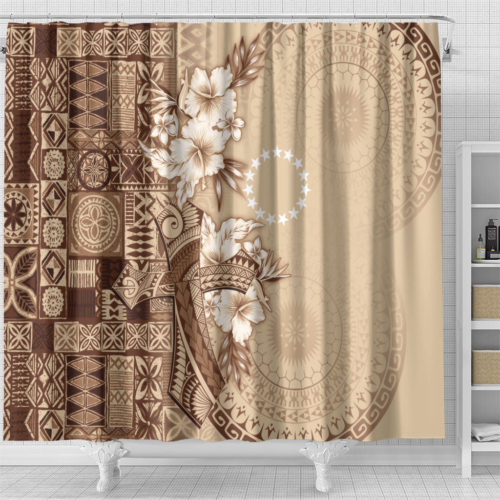 Kia Orana Cook Islands Tapa Floral With Cross Shower Curtain Beige LT7 - Polynesian Pride