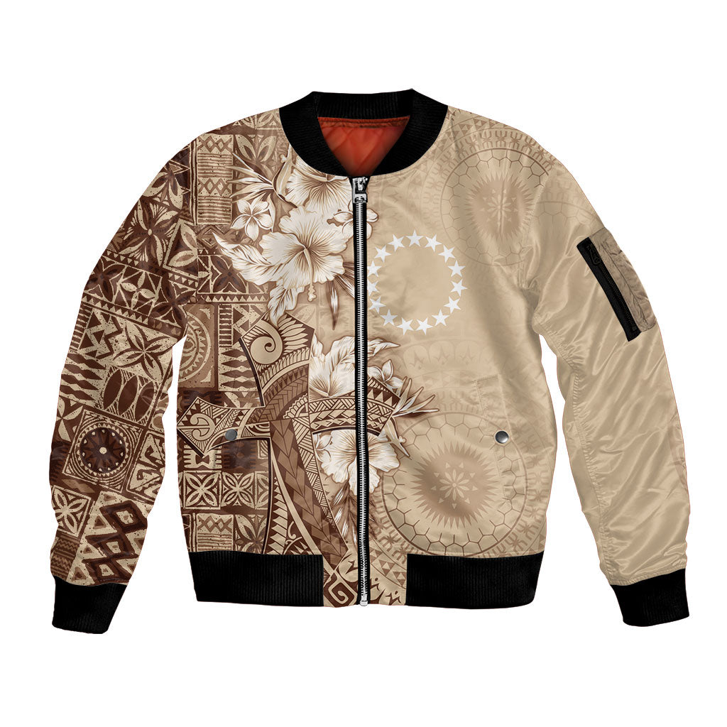 Kia Orana Cook Islands Tapa Floral With Cross Sleeve Zip Bomber Jacket Beige LT7 Unisex Beige - Polynesian Pride
