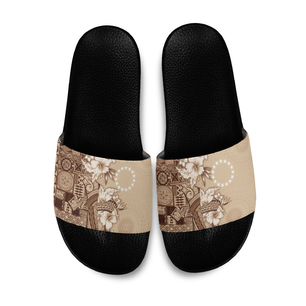 Kia Orana Cook Islands Tapa Floral With Cross Slide Sandals Beige LT7 Beige - Polynesian Pride