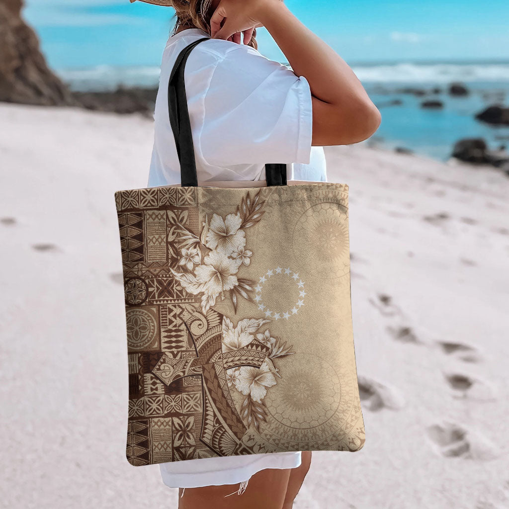 Kia Orana Cook Islands Tapa Floral With Cross Tote Bag Beige LT7 - Polynesian Pride