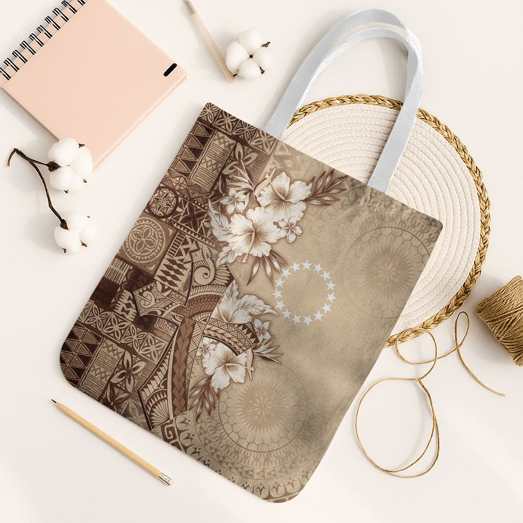 Kia Orana Cook Islands Tapa Floral With Cross Tote Bag Beige LT7 White Strap One Size Beige - Polynesian Pride