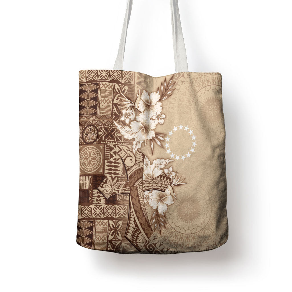 Kia Orana Cook Islands Tapa Floral With Cross Tote Bag Beige LT7 - Polynesian Pride