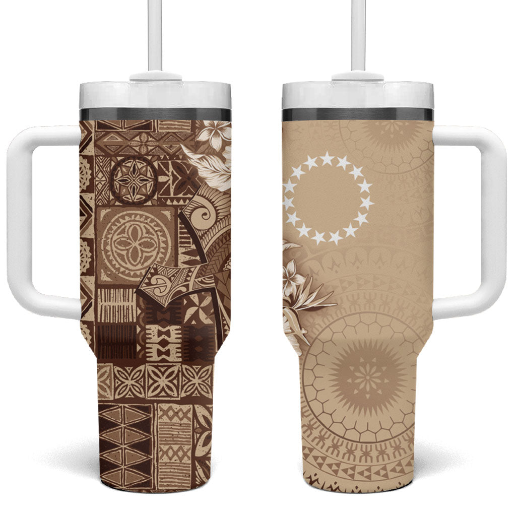Kia Orana Cook Islands Tapa Floral With Cross Tumbler With Handle Beige
