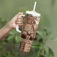 Kia Orana Cook Islands Tapa Floral With Cross Tumbler With Handle Beige LT7 - Polynesian Pride