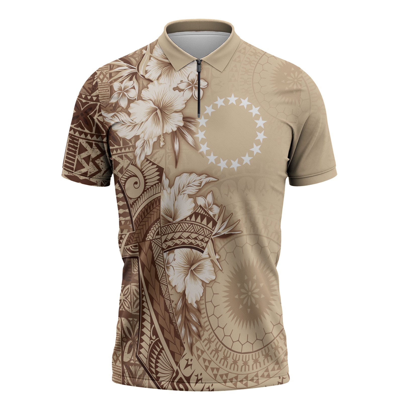 Kia Orana Cook Islands Tapa Floral With Cross Zipper Polo Shirt Beige LT7 Beige - Polynesian Pride
