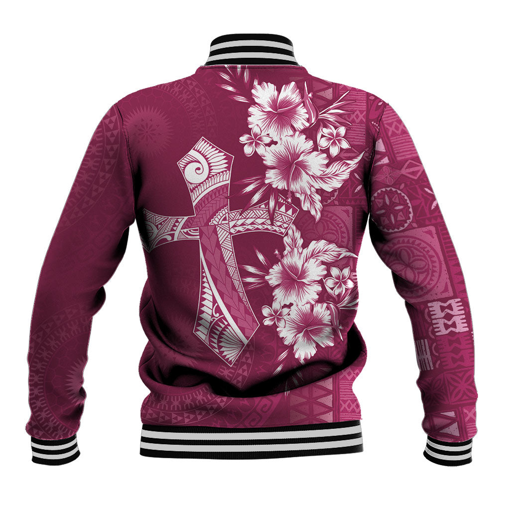 Kia Orana Cook Islands Tapa Floral With Cross Baseball Jacket Maroon LT7 - Polynesian Pride
