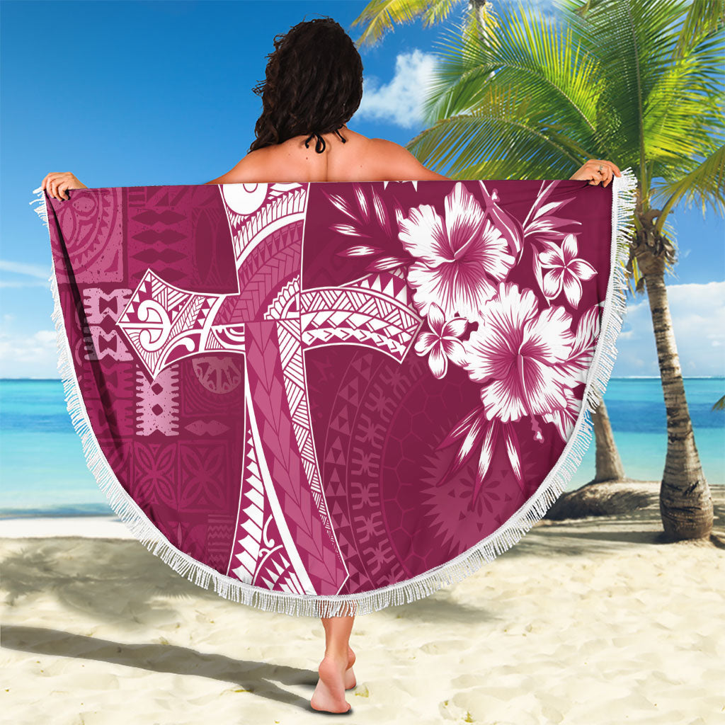 Kia Orana Cook Islands Tapa Floral With Cross Beach Blanket Maroon LT7 - Polynesian Pride