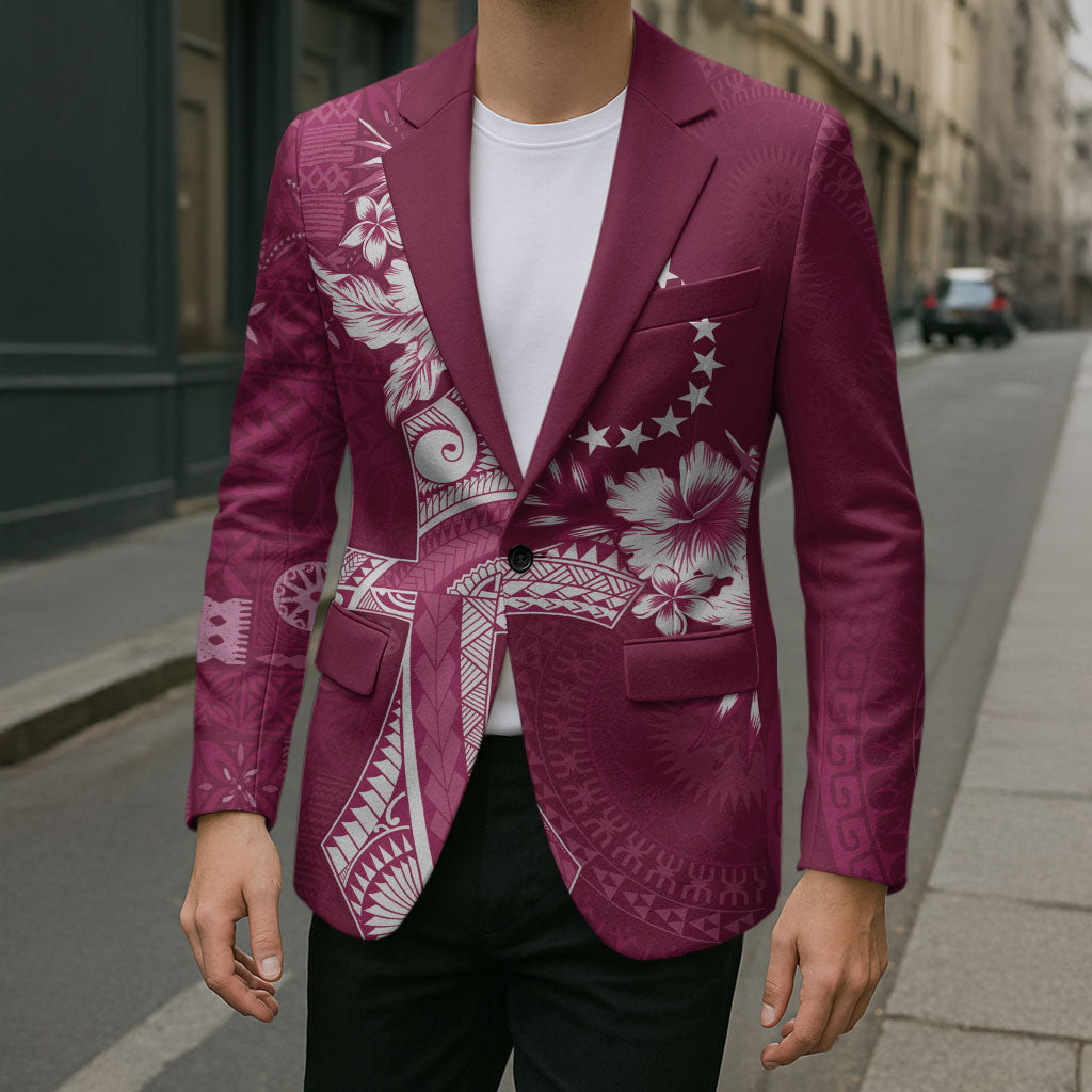 Kia Orana Cook Islands Tapa Floral With Cross Blazer Maroon
