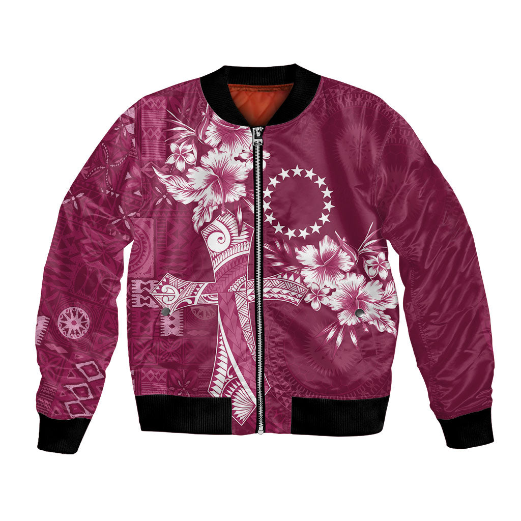 Kia Orana Cook Islands Tapa Floral With Cross Bomber Jacket Maroon LT7 Unisex Maroon - Polynesian Pride