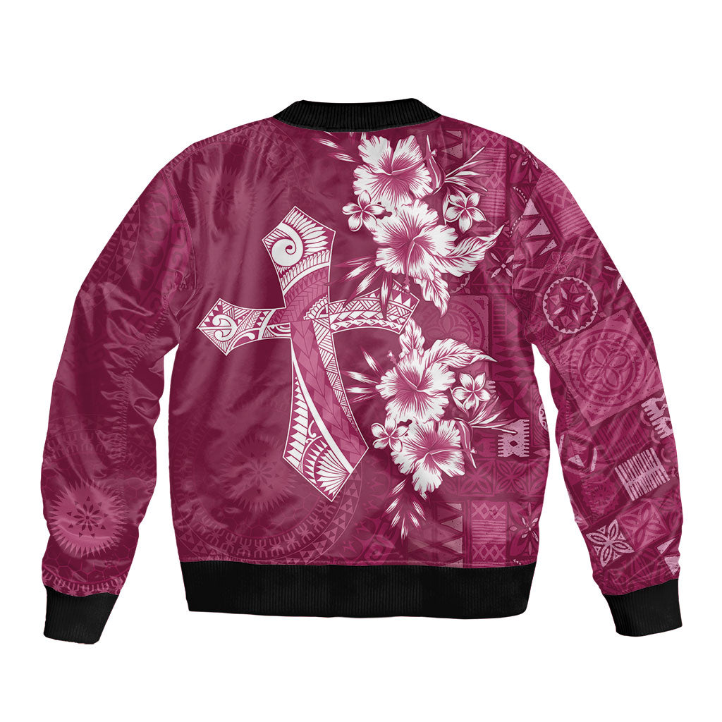 Kia Orana Cook Islands Tapa Floral With Cross Bomber Jacket Maroon LT7 - Polynesian Pride