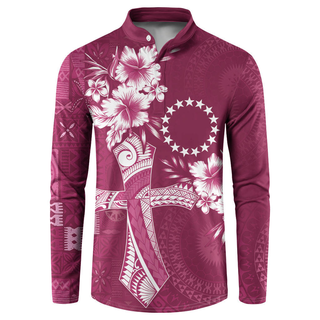 Kia Orana Cook Islands Tapa Floral With Cross Button Sweatshirt Maroon LT7 Maroon - Polynesian Pride