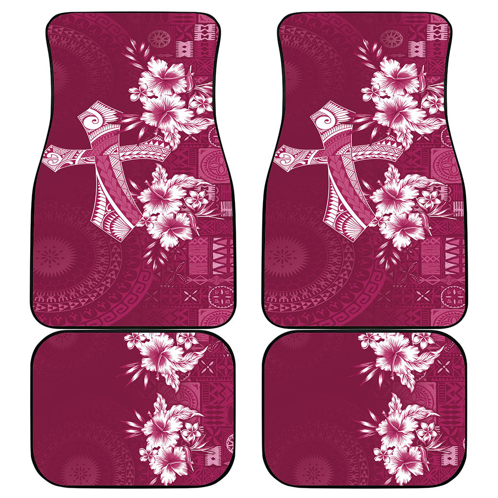 Kia Orana Cook Islands Tapa Floral With Cross Car Mats Maroon LT7 - Polynesian Pride