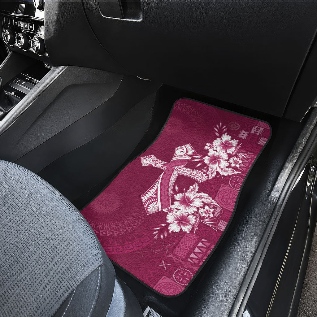 Kia Orana Cook Islands Tapa Floral With Cross Car Mats Maroon LT7 - Polynesian Pride