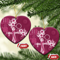 Kia Orana Cook Islands Tapa Floral With Cross Ceramic Ornament Maroon LT7 Heart Maroon - Polynesian Pride