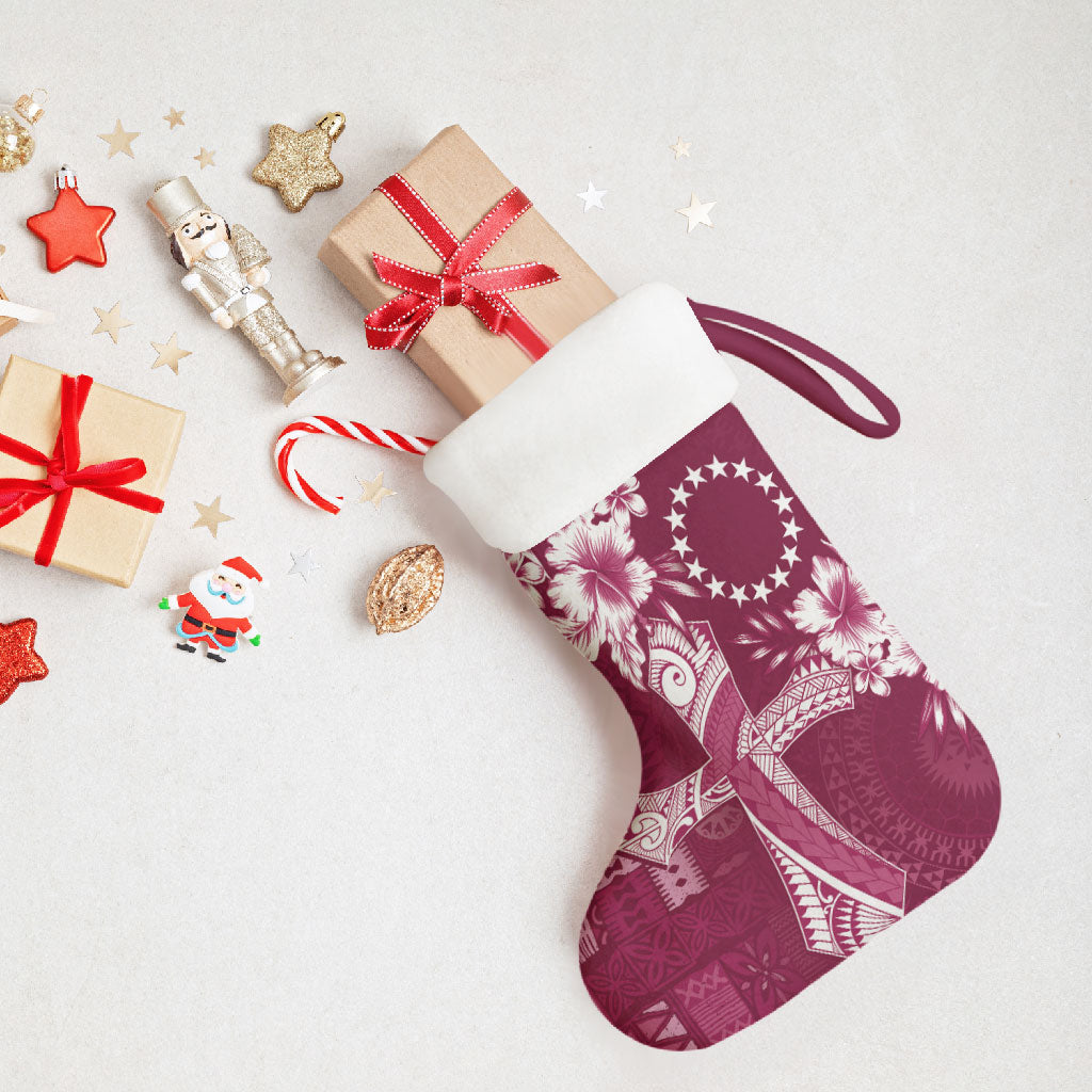 Kia Orana Cook Islands Tapa Floral With Cross Christmas Stocking Maroon