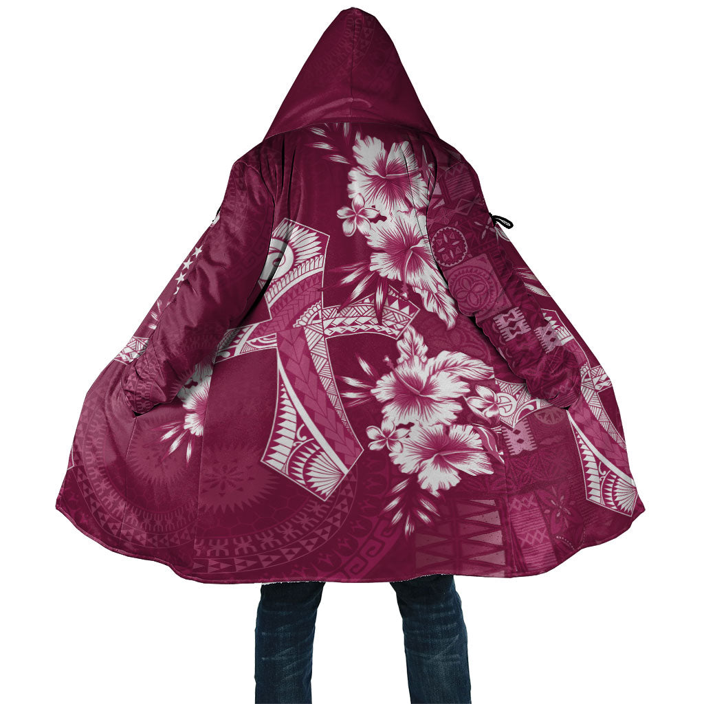 Kia Orana Cook Islands Tapa Floral With Cross Cloak Maroon