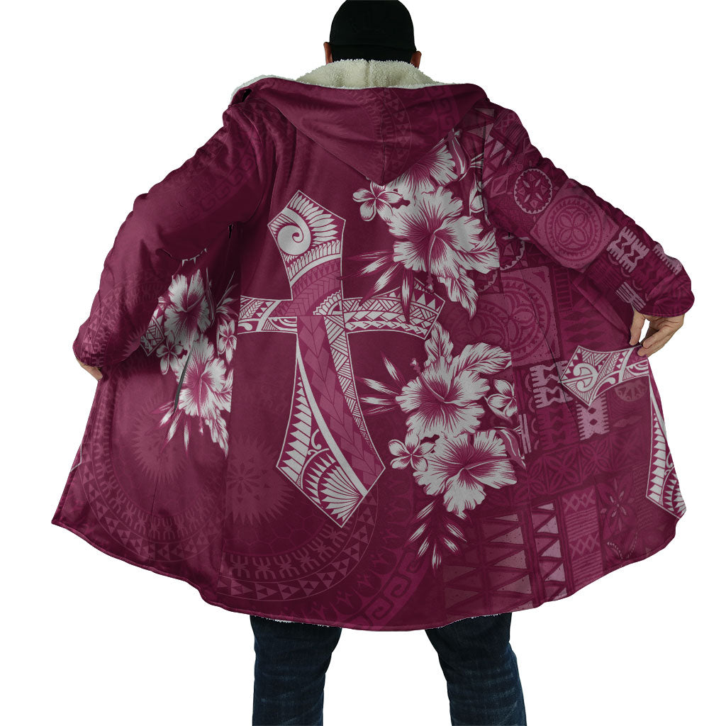Kia Orana Cook Islands Tapa Floral With Cross Cloak Maroon
