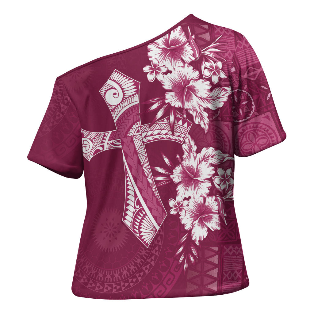 Kia Orana Cook Islands Tapa Floral With Cross Cross Shoulder Shirt Maroon LT7 - Polynesian Pride