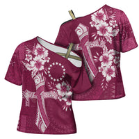 Kia Orana Cook Islands Tapa Floral With Cross Cross Shoulder Shirt Maroon LT7 - Polynesian Pride