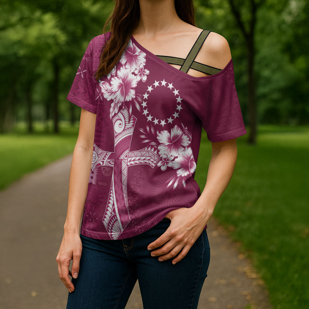 Kia Orana Cook Islands Tapa Floral With Cross Cross Shoulder Shirt Maroon LT7 - Polynesian Pride
