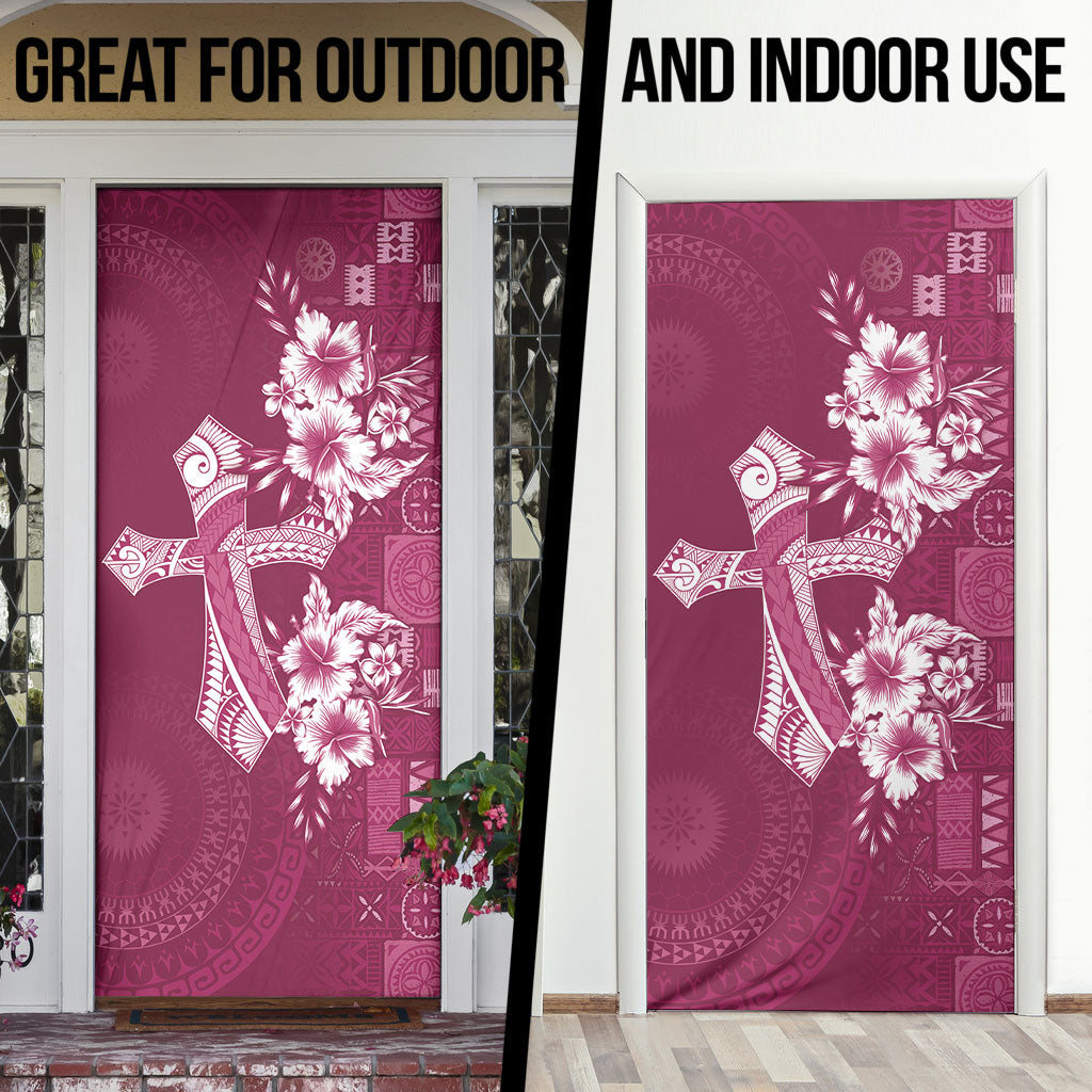Kia Orana Cook Islands Tapa Floral With Cross Door Cover Maroon LT7 - Polynesian Pride