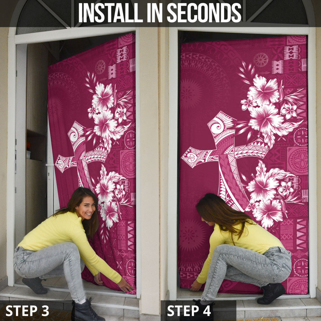 Kia Orana Cook Islands Tapa Floral With Cross Door Cover Maroon LT7 - Polynesian Pride