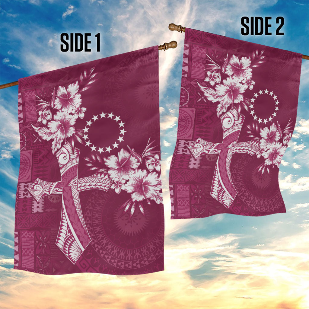 Kia Orana Cook Islands Tapa Floral With Cross Garden Flag Maroon LT7 - Polynesian Pride