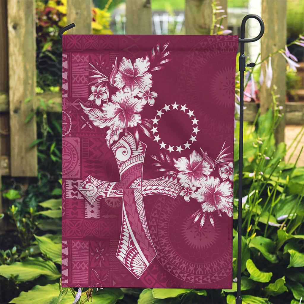 Kia Orana Cook Islands Tapa Floral With Cross Garden Flag Maroon LT7 Garden Flag Maroon - Polynesian Pride