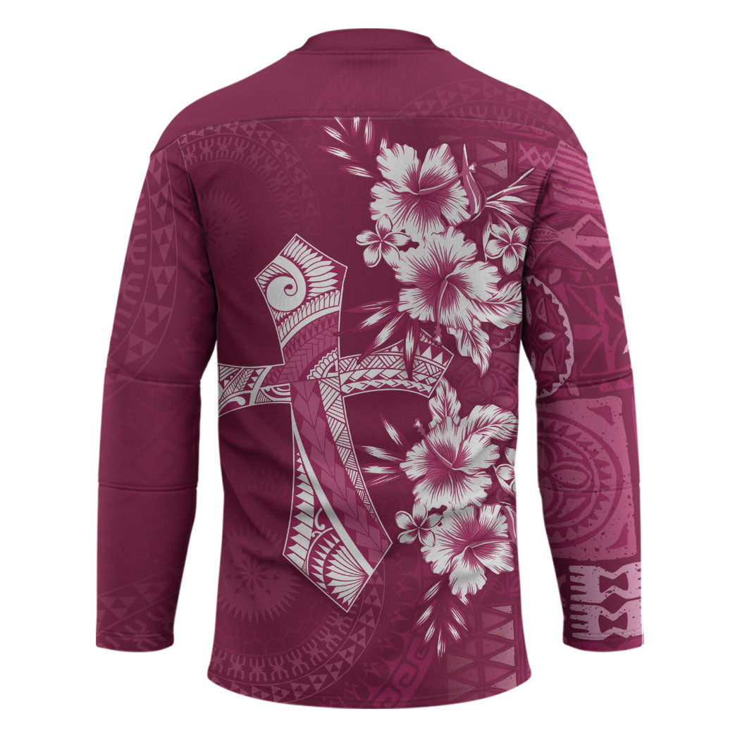 Kia Orana Cook Islands Tapa Floral With Cross Hockey Jersey Maroon LT7 - Polynesian Pride