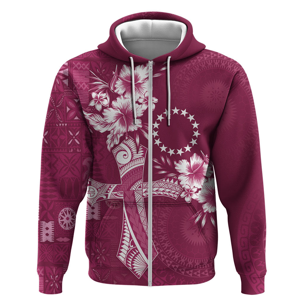 Kia Orana Cook Islands Tapa Floral With Cross Hoodie Maroon LT7 Zip Hoodie Maroon - Polynesian Pride
