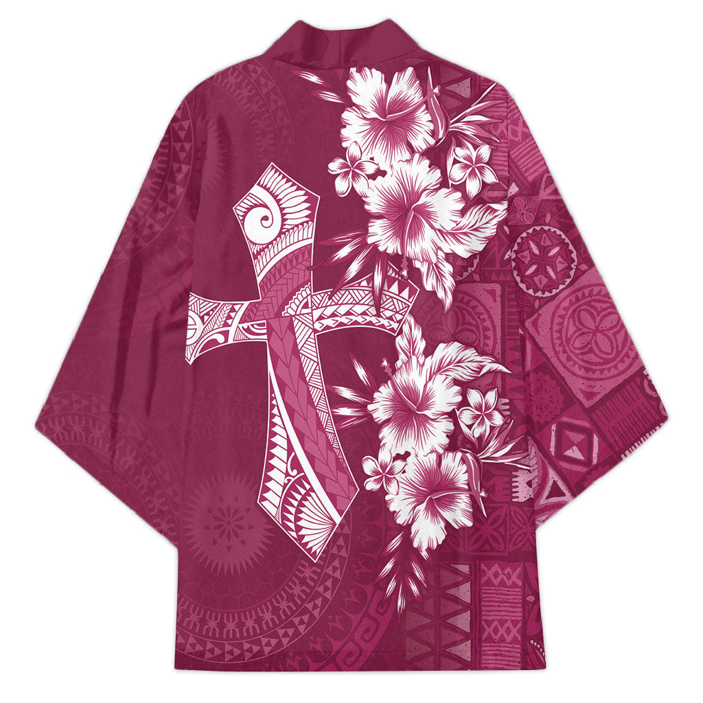 Kia Orana Cook Islands Tapa Floral With Cross Kimono Maroon LT7 - Polynesian Pride