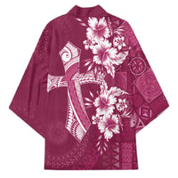 Kia Orana Cook Islands Tapa Floral With Cross Kimono Maroon LT7 - Polynesian Pride