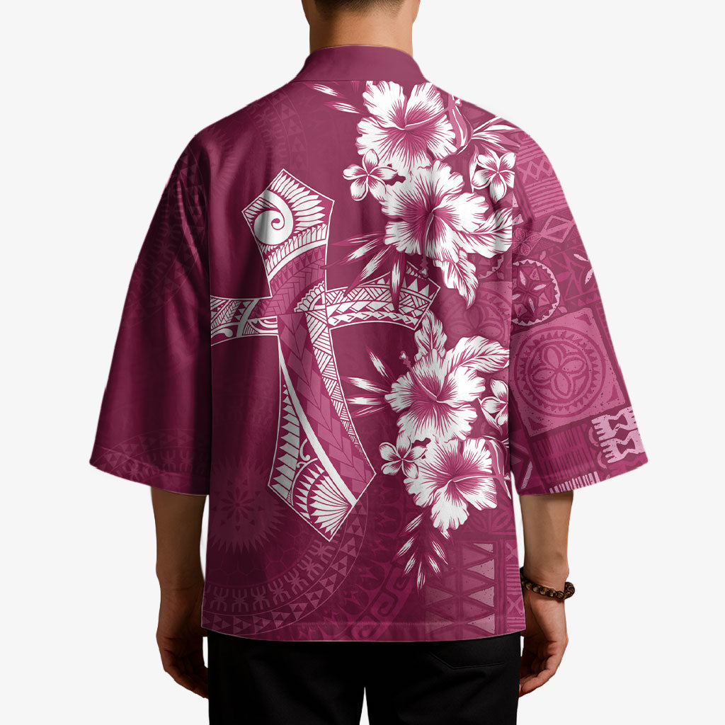Kia Orana Cook Islands Tapa Floral With Cross Kimono Maroon LT7 - Polynesian Pride