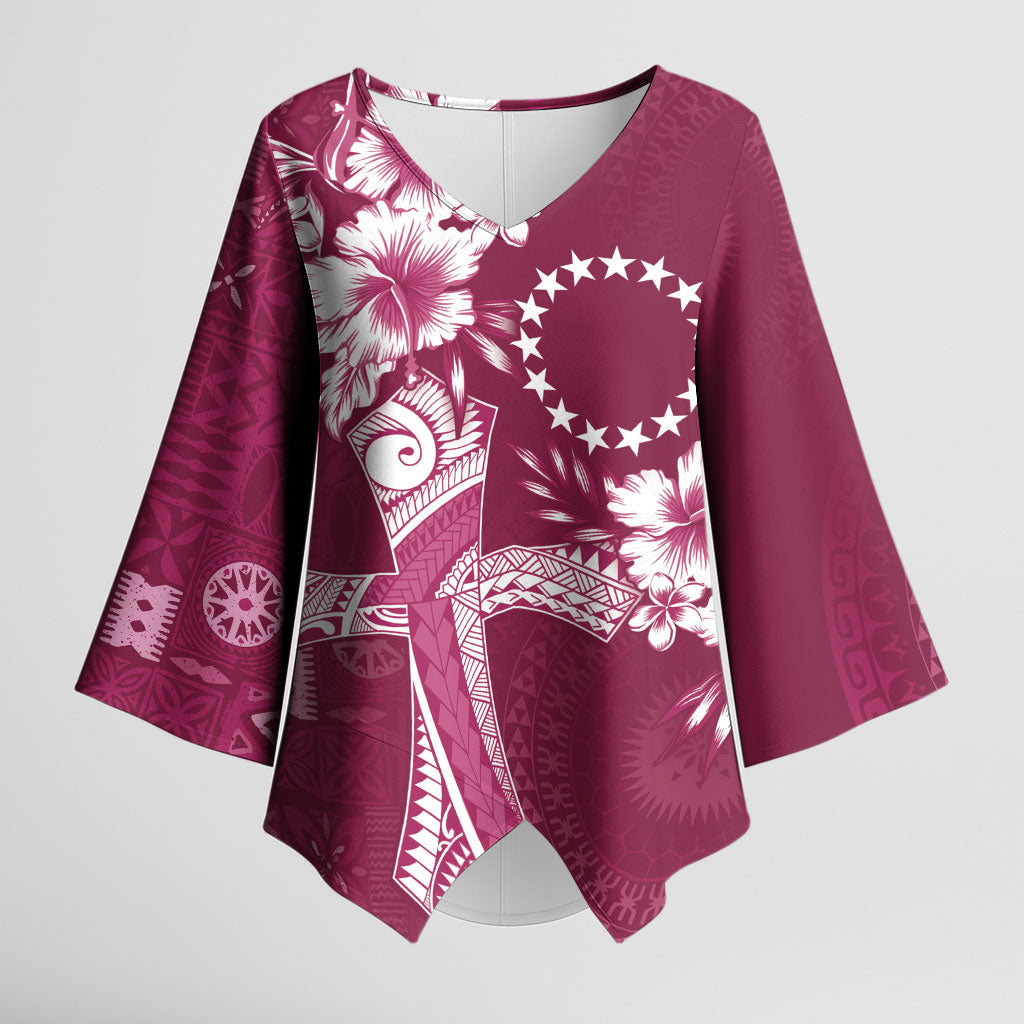 Kia Orana Cook Islands Tapa Floral With Cross Kimono Sleeve Blouse Maroon LT7 Female Maroon - Polynesian Pride