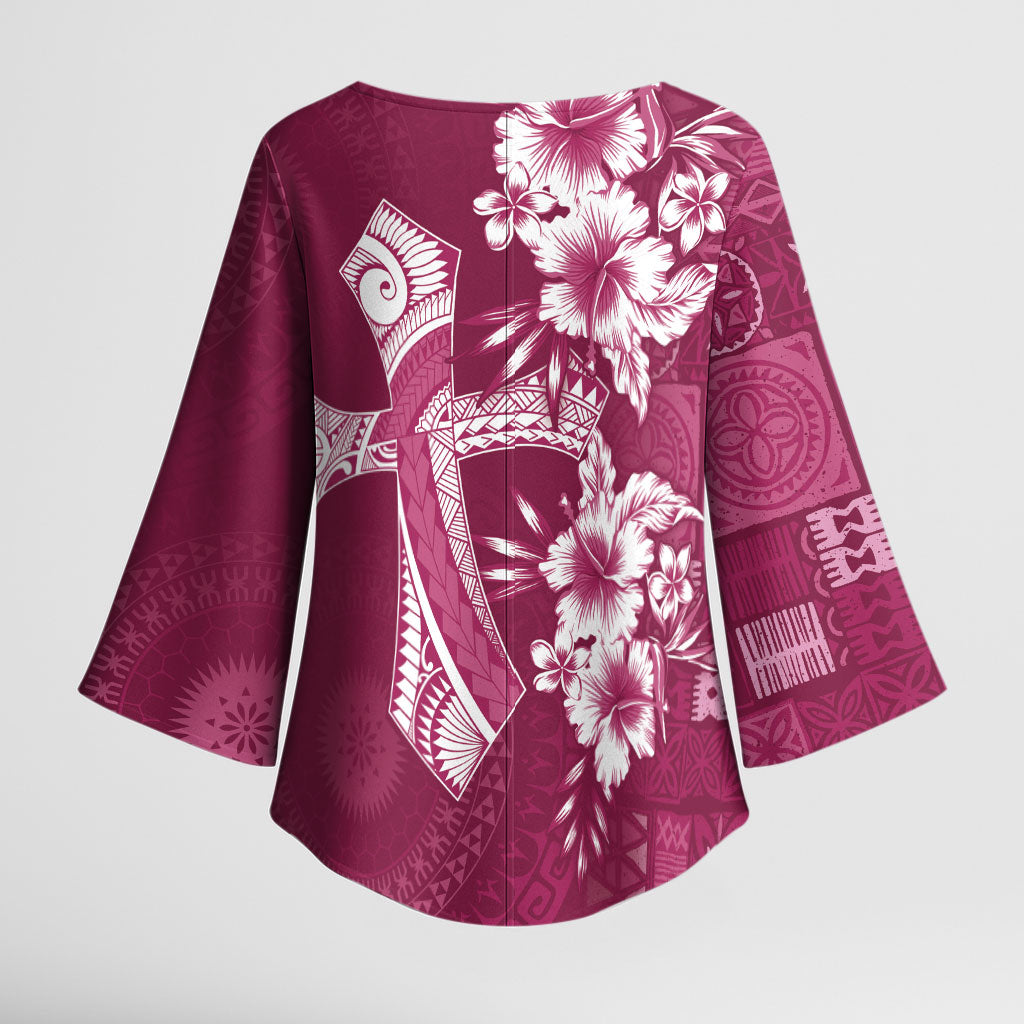 Kia Orana Cook Islands Tapa Floral With Cross Kimono Sleeve Blouse Maroon LT7 - Polynesian Pride