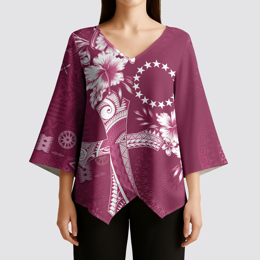 Kia Orana Cook Islands Tapa Floral With Cross Kimono Sleeve Blouse Maroon LT7 - Polynesian Pride