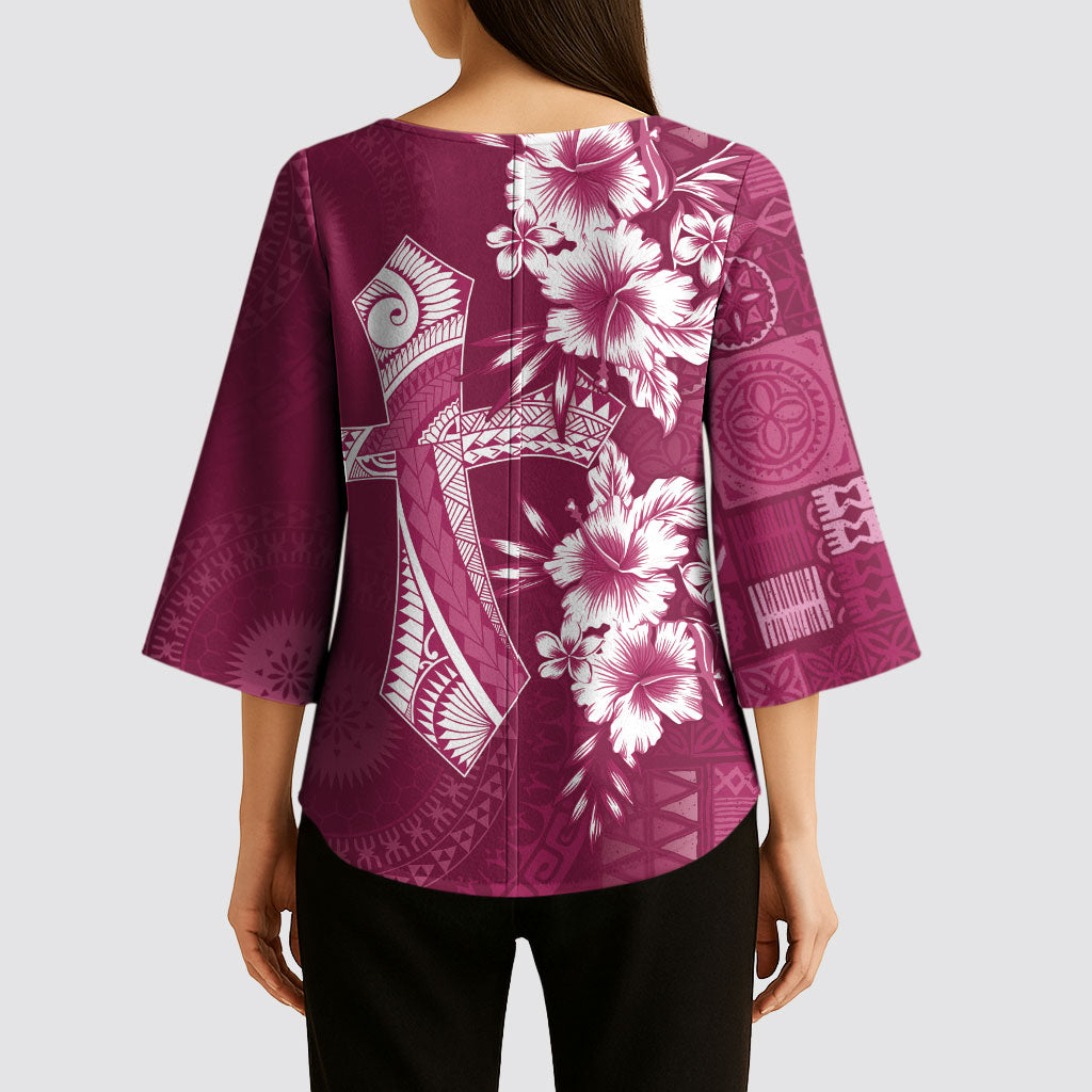 Kia Orana Cook Islands Tapa Floral With Cross Kimono Sleeve Blouse Maroon LT7 - Polynesian Pride