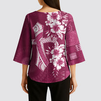 Kia Orana Cook Islands Tapa Floral With Cross Kimono Sleeve Blouse Maroon LT7 - Polynesian Pride