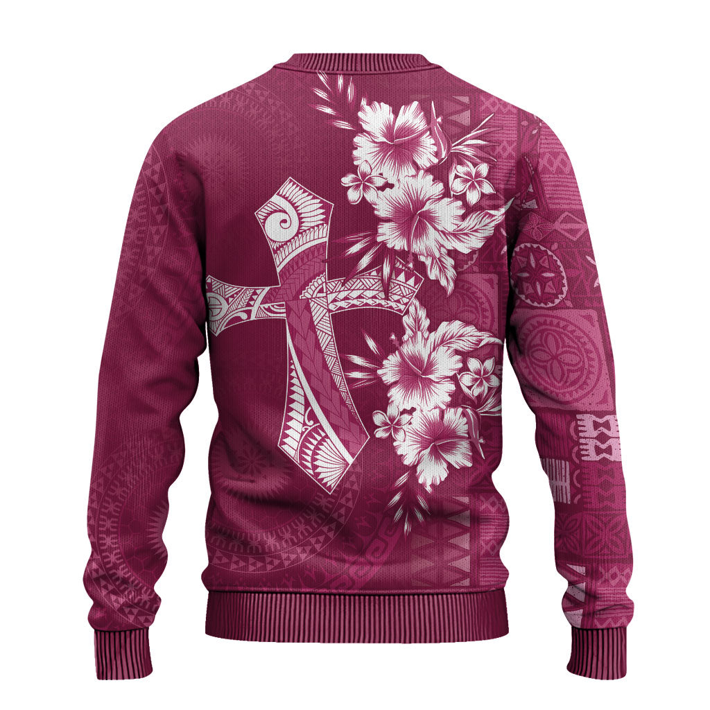 Kia Orana Cook Islands Tapa Floral With Cross Ugly Christmas Sweater Maroon LT7 - Polynesian Pride