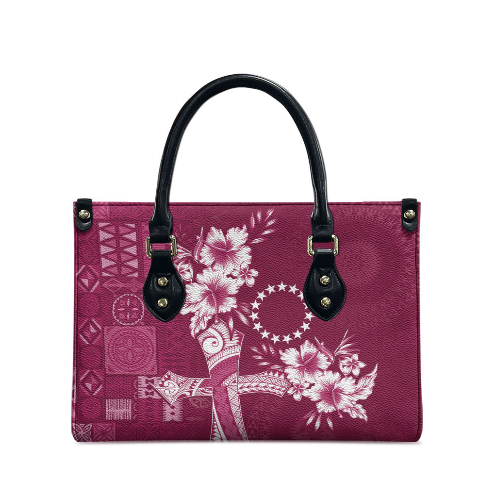 Kia Orana Cook Islands Tapa Floral With Cross Leather Bag Maroon LT7 - Polynesian Pride