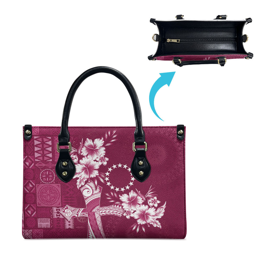 Kia Orana Cook Islands Tapa Floral With Cross Leather Bag Maroon LT7 - Polynesian Pride