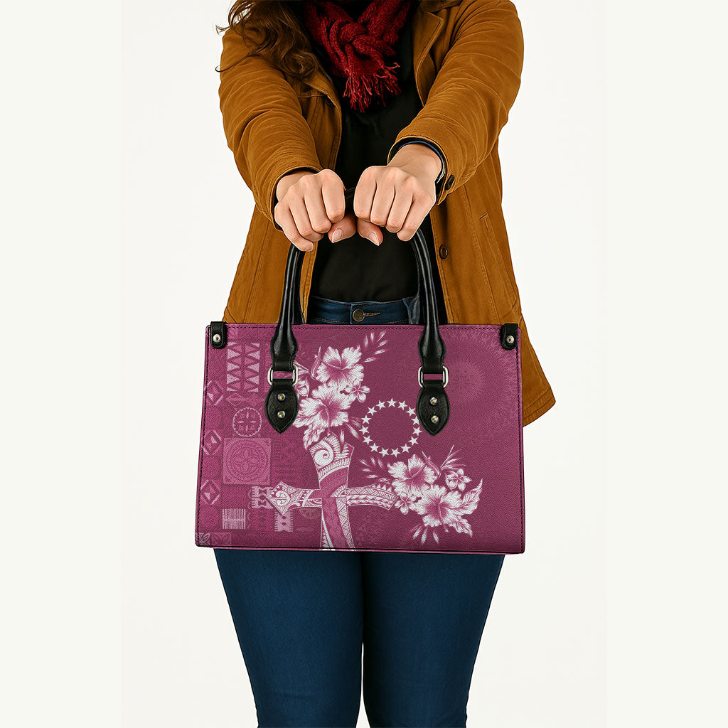 Kia Orana Cook Islands Tapa Floral With Cross Leather Bag Maroon LT7 - Polynesian Pride