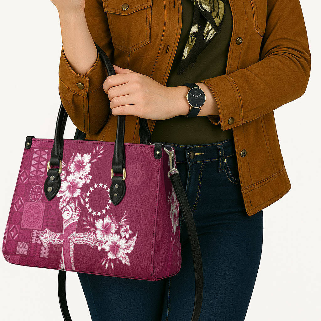 Kia Orana Cook Islands Tapa Floral With Cross Leather Bag Maroon LT7 - Polynesian Pride