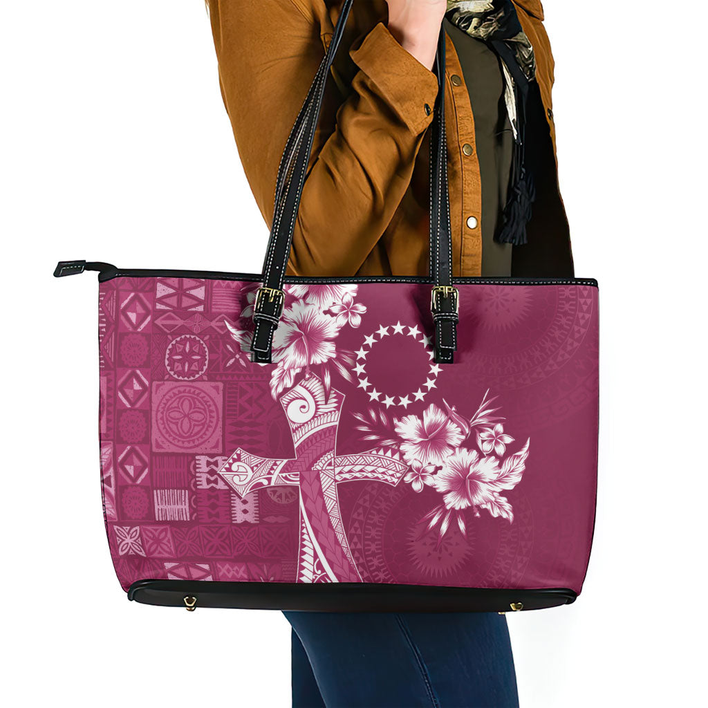 Kia Orana Cook Islands Tapa Floral With Cross Leather Tote Bag Maroon LT7 - Polynesian Pride
