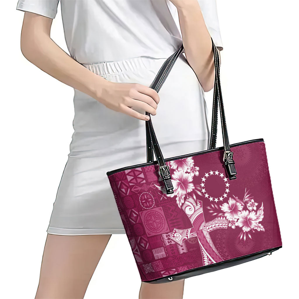 Kia Orana Cook Islands Tapa Floral With Cross Leather Tote Bag Maroon LT7 - Polynesian Pride