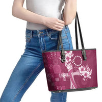 Kia Orana Cook Islands Tapa Floral With Cross Leather Tote Bag Maroon LT7 - Polynesian Pride