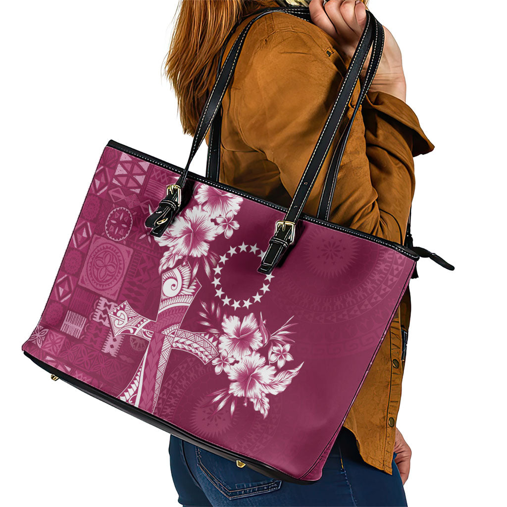 Kia Orana Cook Islands Tapa Floral With Cross Leather Tote Bag Maroon LT7 - Polynesian Pride