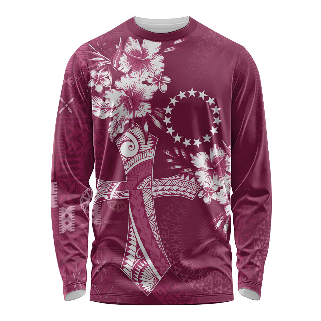 Kia Orana Cook Islands Tapa Floral With Cross Long Sleeve Shirt Maroon LT7 Unisex Maroon - Polynesian Pride