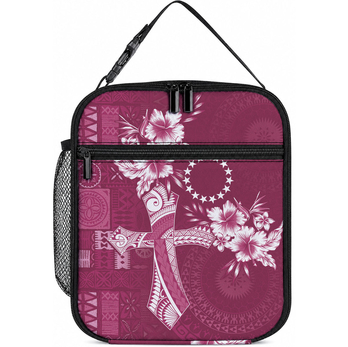 Kia Orana Cook Islands Tapa Floral With Cross Lunch Bag Maroon LT7 10.2 × 8.3 × 4.3 inch Maroon - Polynesian Pride
